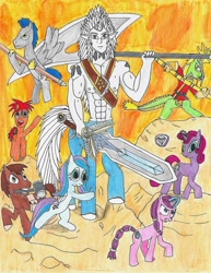 Size: 1024x1326 | Tagged: safe, artist:martialarts2003, oc, oc:sagittarius, centaur, dragon, earth pony, hybrid, longma, pegasus, pony, unicorn, color pencil, fantasy class, hero, lineart, marker drawing, sword, traditional art, warrior, weapon