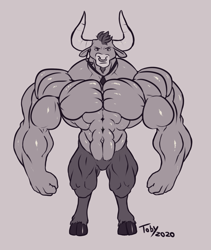 Size: 1513x1789 | Tagged: safe, artist:toby_art, iron will, minotaur, g4, abs, explicit source, grayscale, male, monochrome, muscles, muscular male, necktie, nose piercing, nose ring, piercing, septum piercing, solo