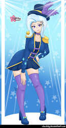 Size: 927x1782 | Tagged: safe, alternate version, artist:clouddg, trixie, human, equestria girls, g4, abstract background, breasts, busty trixie, clothes, epaulettes, female, hand on hip, hat, human coloration, legs, looking at you, multiple variants, shoes, signature, skirt, socks, solo, stockings, thigh highs, thigh socks, top hat, zettai ryouiki