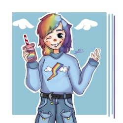 Size: 720x720 | Tagged: safe, alternate version, artist:alexx_lemon_55, rainbow dash, human, g4, clothes, drink, female, humanized, one eye closed, pants, signature, smiling, solo, wink