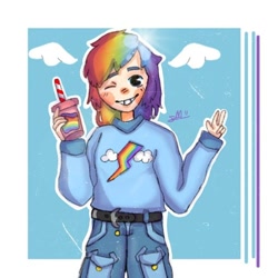 Size: 720x720 | Tagged: safe, alternate version, artist:alexx_lemon_55, rainbow dash, human, g4, clothes, drink, female, humanized, one eye closed, pants, signature, smiling, solo, wink