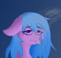 Size: 1449x1386 | Tagged: safe, artist:whale falda, oc, oc only, pegasus, pony, floppy ears, simple background, sleepy, smoking, solo, tired