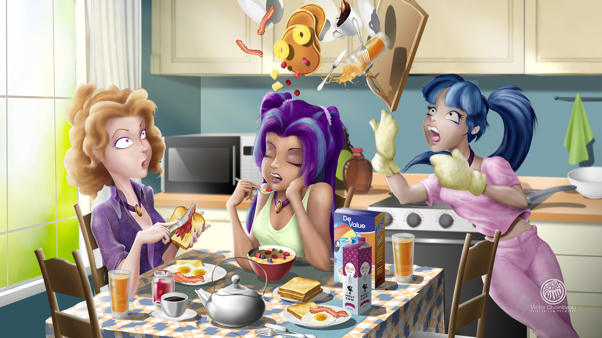 Size: 160x90 | Tagged: safe, artist:chombeau, adagio dazzle, aria blaze, sonata dusk, human, equestria girls, g4, bacon, bread, breakfast, cereal, cereal box, clothes, egg, egg (food), female, food, human coloration, humanized, imminent disaster, jam, kitchen, meat, milk, milk carton, oops, oven mitts, pancakes, signature, sleeveless, surprised, syrup, table, tablecloth, tank top, the dazzlings, this will end in death, this will end in pain, this will not end well, toast, tray, trio