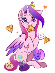 Size: 1024x1354 | Tagged: safe, artist:lailyren, princess cadance, alicorn, pony, g4, :3, blushing, cute, cutedance, digital art, female, food, heart, looking at you, mare, one ear down, signature, simple background, smiling, solo, transparent background, waffle
