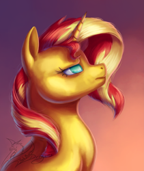 Size: 3241x3838 | Tagged: safe, artist:yeahbutthendragons, sunset shimmer, pony, unicorn, g4, bust, female, high res, mare, portrait, profile, signature, simple background, solo