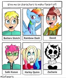 Size: 1080x1272 | Tagged: safe, artist:rainbowpawz35, rainbow dash, human, pegasus, pony, g4, :o, bust, butters stotch, camp camp, clothes, crossover, david (camp camp), dc comics, female, grin, harley quinn, male, mare, off (game), open mouth, rooster teeth, saiki kusuo, six fanarts, smiling, south park, the disastrous life of saiki k, watch