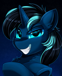 Size: 1446x1764 | Tagged: safe, artist:pridark, oc, oc only, oc:blueglow, pony, unicorn, blue eyes, bust, commission, handsome, looking at you, male, portrait, smiling, solo