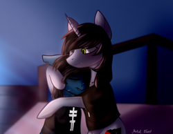 Size: 2900x2256 | Tagged: safe, artist:mortalwound, earth pony, pony, undead, unicorn, zombie, zombie pony, bring me the horizon, clothes, commission, disguise, disguised siren, drop dead clothing, ears back, eyes closed, fangs, frown, gay, high res, horn, hug, jewelry, kellin quinn, lip piercing, long sleeves, male, necklace, oliver sykes, piercing, ponified, scar, shipping, shirt, signature, sitting, sleeping with sirens, smiling, stallion, t-shirt, tattoo, torn ear, ych result