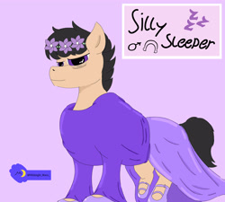 Size: 5000x4500 | Tagged: safe, artist:midnight_mare, oc, oc only, earth pony, pony, bags under eyes, blouse, clothes, crossdressing, dress, flower, flower in hair, gift art, long dress, male, meta, purple background, request, shoes, simple background, skirt, soft color, solo, stallion, tired, trap