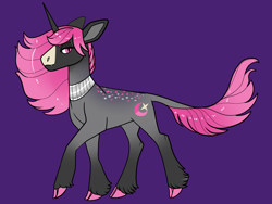Size: 2800x2100 | Tagged: safe, artist:loryska, oc, oc only, pony, unicorn, ambiguous gender, cloven hooves, high res, offspring, parent:king sombra, parent:tempest shadow, parents:sombrest, purple background, simple background, solo