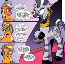 Size: 994x980 | Tagged: safe, artist:andypriceart, idw, applejack, zecora, earth pony, pony, zebra, g4, season 10, spoiler:comic, spoiler:comic89, angry, comic drama, female, implied pear butter, mare, not rhyming, ooc is serious business, out of character, out of context, shit just got real, when she doesn't rhyme