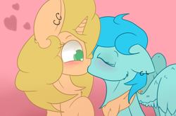 Size: 1280x847 | Tagged: safe, artist:ponyangle, oc, oc:carrot leah, pegasus, pony, unicorn, female, kissing, lesbian, mare