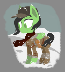 Size: 1554x1746 | Tagged: safe, artist:enragement filly, oc, oc only, oc:filly anon, pegasus, pony, cap, clothes, female, filly, frostpunk, hat, scarf, simple background, snow, solo