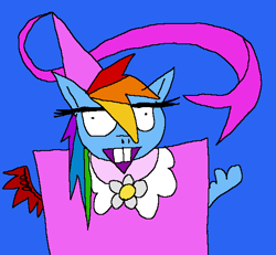 Size: 585x540 | Tagged: artist needed, safe, rainbow dash, pegasus, pony, g4, 1000 hours in ms paint, bucktooth, clothes, dress, female, rainbow dash always dresses in style, solo, stylistic suck, unibrow, wat, wtf