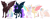 Size: 5000x1857 | Tagged: safe, artist:arexstar, oc, oc only, oc:candy taffy twist, oc:ebony shard, oc:lavender falls, oc:shimmering sweets, oc:sweet tart, oc:whistful wishes, alicorn, bat pony, bat pony alicorn, hybrid, pony, bat wings, cloven hooves, female, horn, horns, male, mare, simple background, stallion, white background, wings