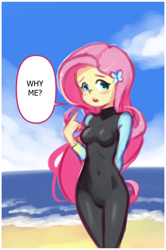 Size: 1220x1840 | Tagged: safe, artist:drantyno, fluttershy, human, equestria girls, g4, adorasexy, belly button, blushing, clothes, cloud, cute, fluttershy's wetsuit, ocean, open mouth, sand, sexy, shyabetes, skintight clothes, sky, swimsuit, tight clothing, water, wetsuit, why me?