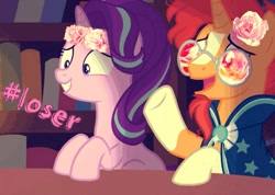 Size: 749x532 | Tagged: safe, edit, edited screencap, editor:theedgyduck, screencap, starlight glimmer, sunburst, pony, unicorn, g4, aesthetics, clothes, duo, female, floral head wreath, flower, flower in hair, glasses, male, mare, stallion, text