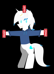 Size: 2125x2883 | Tagged: safe, artist:samsailz, oc, oc only, pony, unicorn, bipedal, black background, can, coca-cola, high res, ring, simple background, smiling, soda, solo, t pose