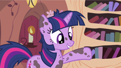 Size: 1280x720 | Tagged: safe, screencap, twilight sparkle, pony, unicorn, g4, it's about time, dirty, female, golden oaks library, messy mane, messy tail, mud, solo, unicorn twilight