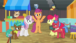 Size: 1920x1080 | Tagged: safe, screencap, apple bloom, bandana baldwin, biscuit, culinary art (g4), high stakes, pokey pierce, scootaloo, spur, sweetie belle, g4, growing up is hard to do, cutie mark, cutie mark crusaders, older, the cmc's cutie marks