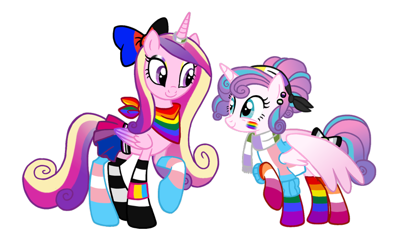Safe Artist Flipwix Princess Cadance Princess Flurry Heart Alicorn Pony Agender Pride Flag Alternate Hairstyle Asexual Pride Flag Bandana Belt Bisexual Pride Flag Bow Clothes Ear Piercing Earring Eyeshadow Face Paint