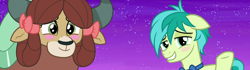 Size: 2560x720 | Tagged: safe, edit, edited screencap, screencap, sandbar, yona, earth pony, pony, yak, g4, she's all yak, blushing, bowtie, cute, female, male, night, night sky, sandabetes, ship:yonabar, shipping, shipping domino, sky, straight, yonadorable