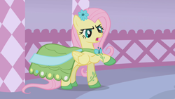 Size: 1280x720 | Tagged: safe, screencap, fluttershy, pony, g4, season 1, suited for success, clothes, dress, female, flower, flower in hair, gala dress, mare, solo