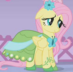 Size: 1150x1125 | Tagged: safe, screencap, fluttershy, pony, g4, season 1, suited for success, clothes, cropped, cute, dress, female, flower, flower in hair, gala dress, mare, outfit catalog, shyabetes, solo