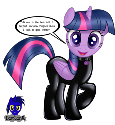 Size: 3840x4154 | Tagged: safe, artist:damlanil, twilight sparkle, alicorn, pony, g4, bodysuit, clothes, collar, comic, cutie mark collar, female, high res, horn, latex, latex suit, looking at you, makeup, mare, open mouth, open smile, raised hoof, rubber, shiny, shiny mane, show accurate, simple background, smiling, smiling at you, solo, talking to viewer, text, transparent background, twilight sparkle (alicorn), vector, wings