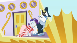 Size: 1280x720 | Tagged: safe, screencap, fancypants, rarity, pony, unicorn, g4, sweet and elite, airship, clothes, dress, duo