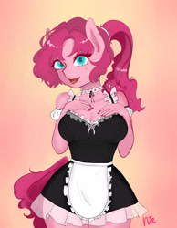 Size: 3500x4500 | Tagged: safe, artist:nieshjj, pinkie pie, anthro, g4, big breasts, breasts, busty pinkie pie, choker, clothes, cute, female, french maid, high res, looking at you, maid, makeup, mole, nail polish, signature, simple background, smiling, solo, tail, thighs