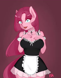 Size: 3500x4500 | Tagged: safe, alternate version, artist:nieshjj, pinkie pie, anthro, g4, breasts, busty pinkie pie, choker, clothes, creepypasta, dark background, female, french maid, high res, horror, looking at you, maid, makeup, mole, nail polish, pinkamena diane pie, signature, skirt, smiling, solo, straight hair, tail, yandere, yandere pie