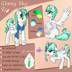 Size: 1280x1280 | Tagged: safe, artist:daisyminttea, oc, oc only, oc:glassy sky, pegasus, pony, clothes, female, mare, pegasus oc, reference sheet, simple background, text, tongue out, wings