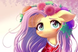 Size: 1280x854 | Tagged: safe, artist:symbianl, fluttershy, pegasus, pony, g4, blushing, chest fluff, clothes, cute, female, flower, flower in hair, kimono (clothing), leaves, leaves in hair, shyabetes, solo, weapons-grade cute