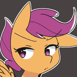 Size: 1200x1200 | Tagged: safe, artist:kindakismet, scootaloo, pegasus, pony, g4, black background, bust, female, filly, one ear down, portrait, simple background, solo