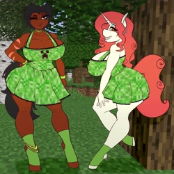 Size: 4096x4096 | Tagged: safe, artist:tatemil, oc, oc only, oc:lux, oc:sweet journey, earth pony, unicorn, anthro, unguligrade anthro, big breasts, breasts, clothes, creeper, dress, duo, huge breasts, minecraft