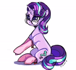 Size: 2700x2500 | Tagged: safe, artist:lizarda, starlight glimmer, pony, unicorn, g4, clothes, colored pupils, cute, female, floppy ears, glasses, glimmerbetes, high res, mare, simple background, sitting, socks, solo, white background