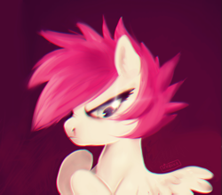 Size: 569x499 | Tagged: safe, artist:serbhka, oc, oc only, pegasus, pony, art trade, female, filly, frown, grumpy, simple background, solo