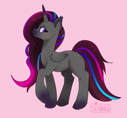 Size: 1169x1089 | Tagged: safe, artist:serbhka, oc, oc only, alicorn, pony, alicorn oc, female, horn, mare, pink background, raised hoof, simple background, solo, wings