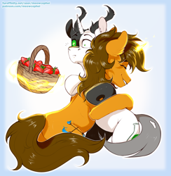 Size: 1600x1637 | Tagged: safe, artist:meowcephei, oc, oc only, oc:shine yellowsoul, oc:tounicoon, changeling, hybrid, pony, unicorn, basket, commission, duo, food, hug, male, stallion, strawberry