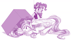 Size: 1600x900 | Tagged: safe, artist:dstears, pinkie pie, princess celestia, alicorn, earth pony, pony, g4, box, cake, cakelestia, crouching, cute, cutelestia, female, food, goggles, mare, monochrome, mouth hold, open mouth, pinkie spy, sillestia, silly, spy, that princess sure does love cake, this will end in a trip to the moon, this will end in tears and/or a journey to the moon, trap (device)