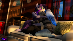 Size: 3840x2160 | Tagged: safe, artist:shadowboltsfm, oc, oc:inkwell stylus, oc:raven storm, anthro, plantigrade anthro, 3d, 4k, barefoot, bra, breasts, clothes, couch, cute, daaaaaaaaaaaw, eyes closed, feet, high res, hug, jeans, pants, pillow, smiling, source filmmaker, sweater