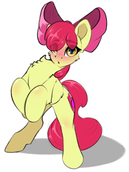Size: 1530x2048 | Tagged: safe, artist:skitsroom, derpibooru exclusive, apple bloom, earth pony, pony, semi-anthro, g4, adorabloom, bipedal, blushing, chest fluff, cute, eye clipping through hair, female, filly, looking at you, simple background, solo, white background