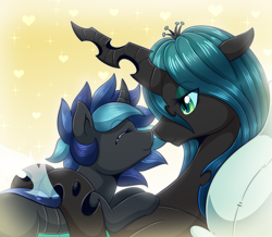 Size: 1000x873 | Tagged: safe, artist:vavacung, queen chrysalis, oc, oc:young queen, changeling, changeling queen, changepony, hybrid, g4, boop, changeling oc, duo, female, interspecies offspring, mommy chrissy, mother and child, mother and daughter, noseboop, offspring, parent:queen chrysalis, parent:shining armor, parents:shining chrysalis