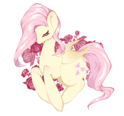 Size: 650x605 | Tagged: dead source, safe, artist:一只山暮, fluttershy, pegasus, pony, g4, cute, eyes closed, female, flower, mare, rose, shyabetes, simple background, solo, white background