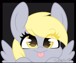 Size: 2048x1686 | Tagged: safe, artist:sakukitty, derpy hooves, pegasus, pony, g4, :p, black background, bust, cute, derpabetes, eye clipping through hair, female, looking at you, mare, portrait, simple background, solo, tongue out