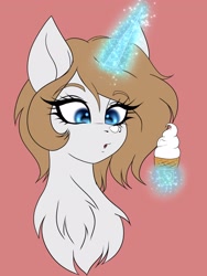 Size: 1536x2048 | Tagged: safe, artist:pearl123_art, oc, oc only, oc:pearl, pony, unicorn, bust, chest fluff, cross-eyed, eyelashes, female, food, glowing horn, horn, ice cream, ice cream cone, ice cream on nose, looking at something, magic, mare, pink background, simple background, solo, telekinesis, three quarter view, unicorn oc