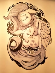 Size: 768x1024 | Tagged: safe, artist:sigilponies, fluttershy, pegasus, pony, g4, chest fluff, curled up, eyes closed, female, floppy ears, hoof fluff, mare, on side, profile, shoulder fluff, smiling, solo, stray strand, traditional art, wings