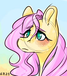 Size: 1280x1463 | Tagged: safe, artist:cacticup, fluttershy, pony, g4, blushing, bust, female, mare, portrait, solo, stray strand, three quarter view