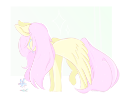 Size: 1085x869 | Tagged: safe, artist:cooljuicecat, fluttershy, pegasus, pony, g4, crying, eyes closed, facing away, female, flower, mare, partially open wings, pastel colors, raised leg, solo, sparkles, sparkling mane, standing, teary eyes, wings